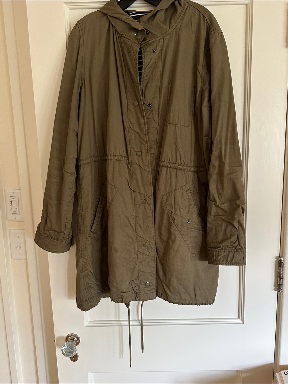 J. Crew Light Weight Hooded Utility Jacket in Olive Green With Striped Lining